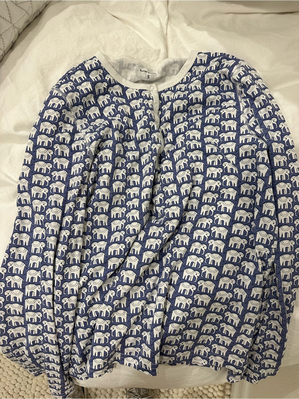 Roller Rabbit Blue and White Elephant Print Long Sleeve Top